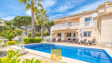 Piscine extérieure privée à la Villa Estrella aux eaux bleues, avec chaises longues et palmiers sous un ciel bleu.