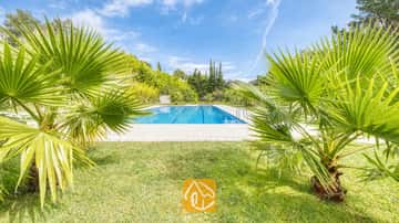 Piscine extérieure commune de la Villa Lloret, encadrée par des palmiers verdoyants, une pelouse et des arbres sous un ciel bleu.