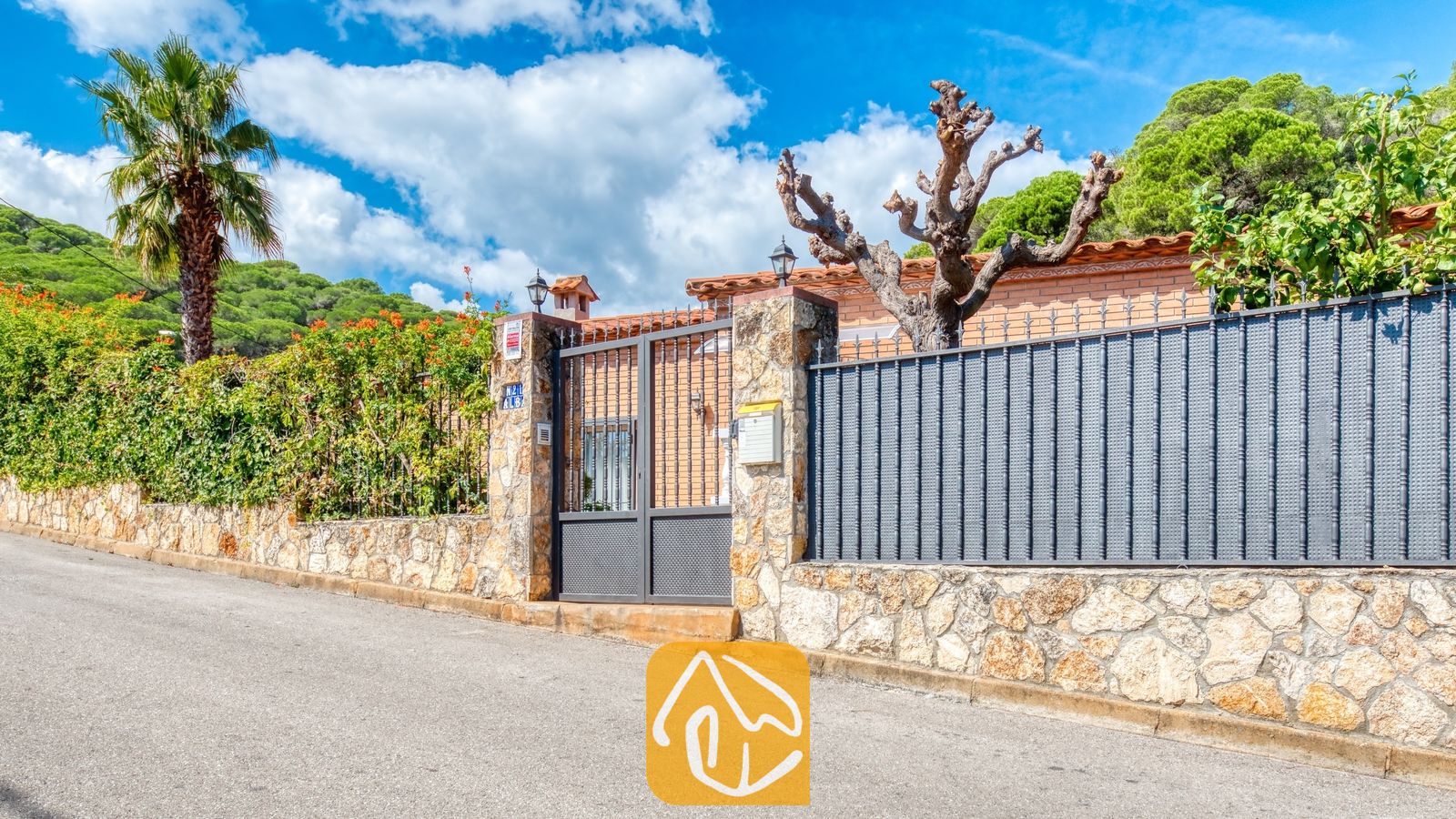 Façade extérieure et portail d'entrée en métal de la Villa Alba, mettant en valeur des murs en pierre, un grand palmier et une rue pavée sur fond de ciel bleu.