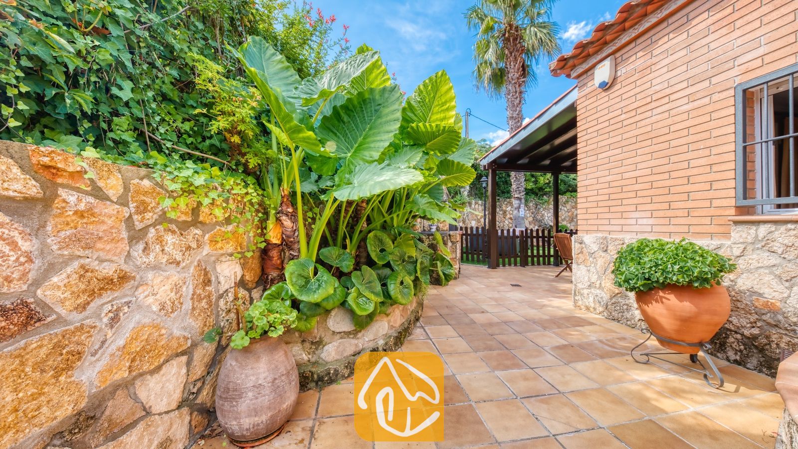 Cour extérieure de la Villa Alba avec terrasse carrelée, grandes plantes tropicales vertes et mur en pierre rustique.