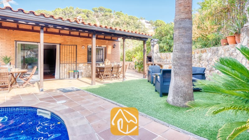 Terrasse extérieure et espace piscine de la Villa Alba, comprenant un patio couvert avec des poutres en bois, un coin repas en plein air et une pelouse bordée d'un mur en pierre.