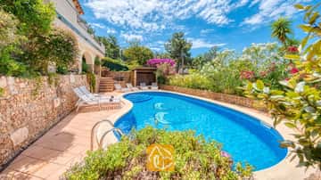Piscine privée ornée d'une mosaïque de dauphins en carrelage à la Villa Cleo, entourée de bains de soleil blancs, de murs en pierre et d'arbustes fleuris.