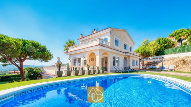 Piscine privée au premier plan avec la Villa Ibiza, une maison couleur crème à deux étages, une pelouse verte et des cactus en pot sous un ciel bleu éclatant.