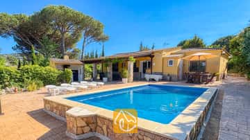 Piscine privée et extérieur jaune de la Villa Iako, agrémentés d'un pavage en pierre, de chaises longues et d'un coin repas en plein air sous un parasol, le tout sous un ciel bleu azur.